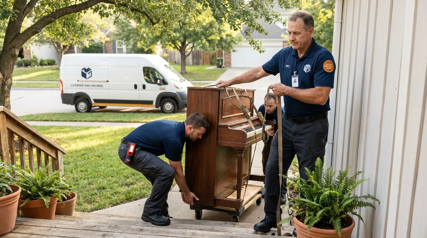 Licensed piano movers securing grand piano in North Versailles, PA