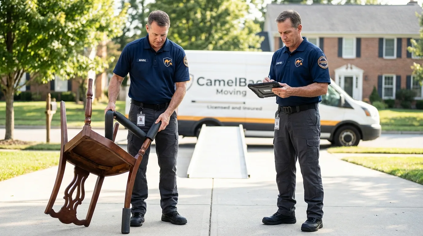 Movers inspecting furniture for damage prevention before loading in North Versailles, PA