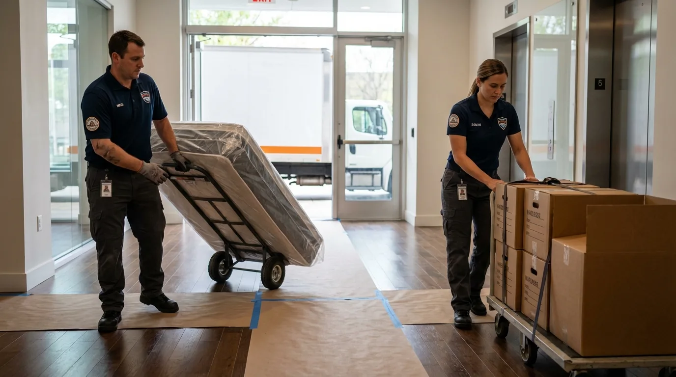 Professional apartment movers loading elevator in North Versailles, PA
