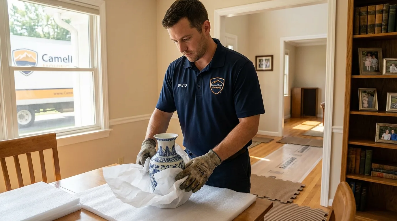 Professional crew carefully wrapping antique vase for senior downsizing move in North Versailles, PA